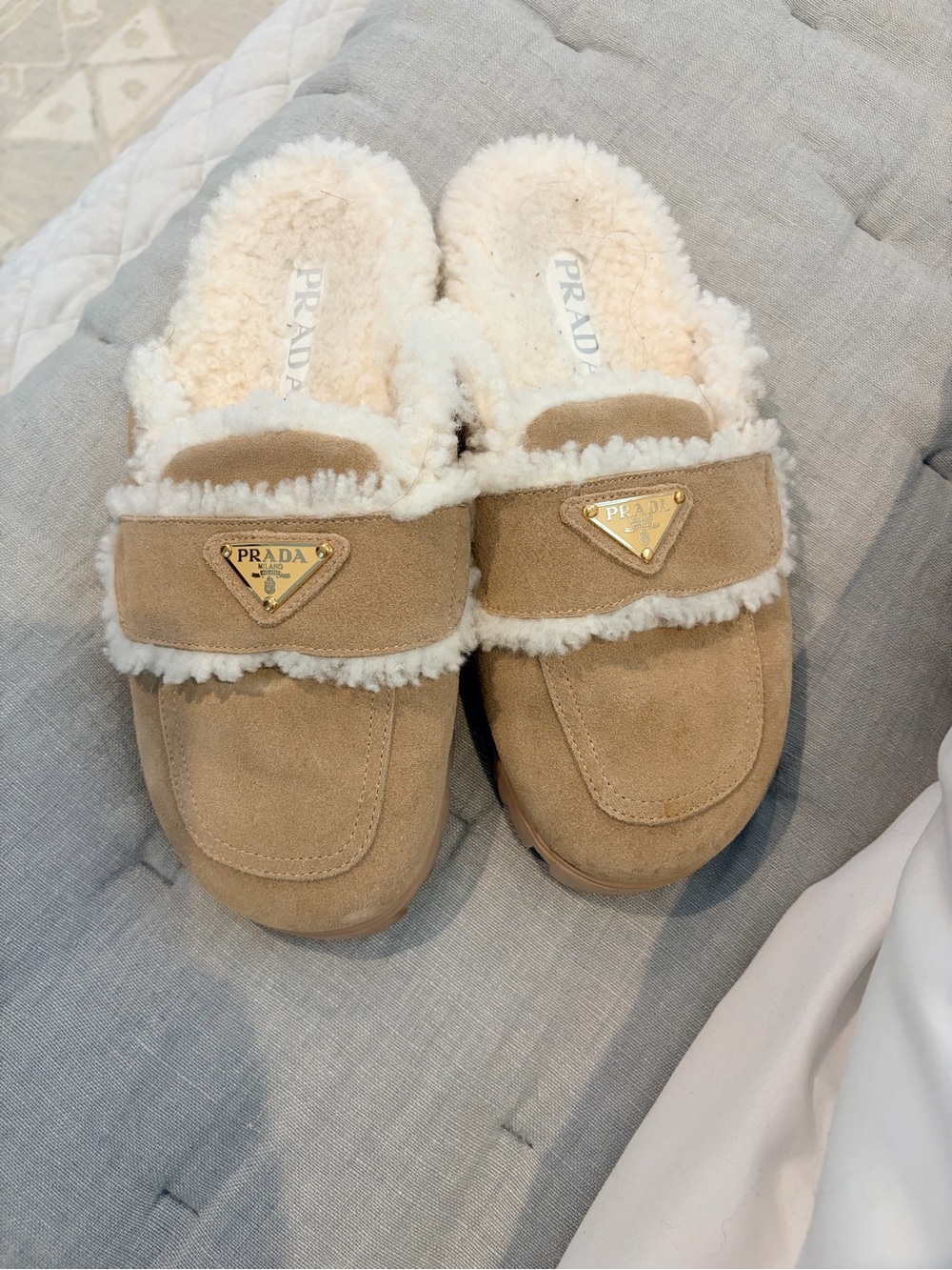 Beige Shearling-Lined Suede Slides